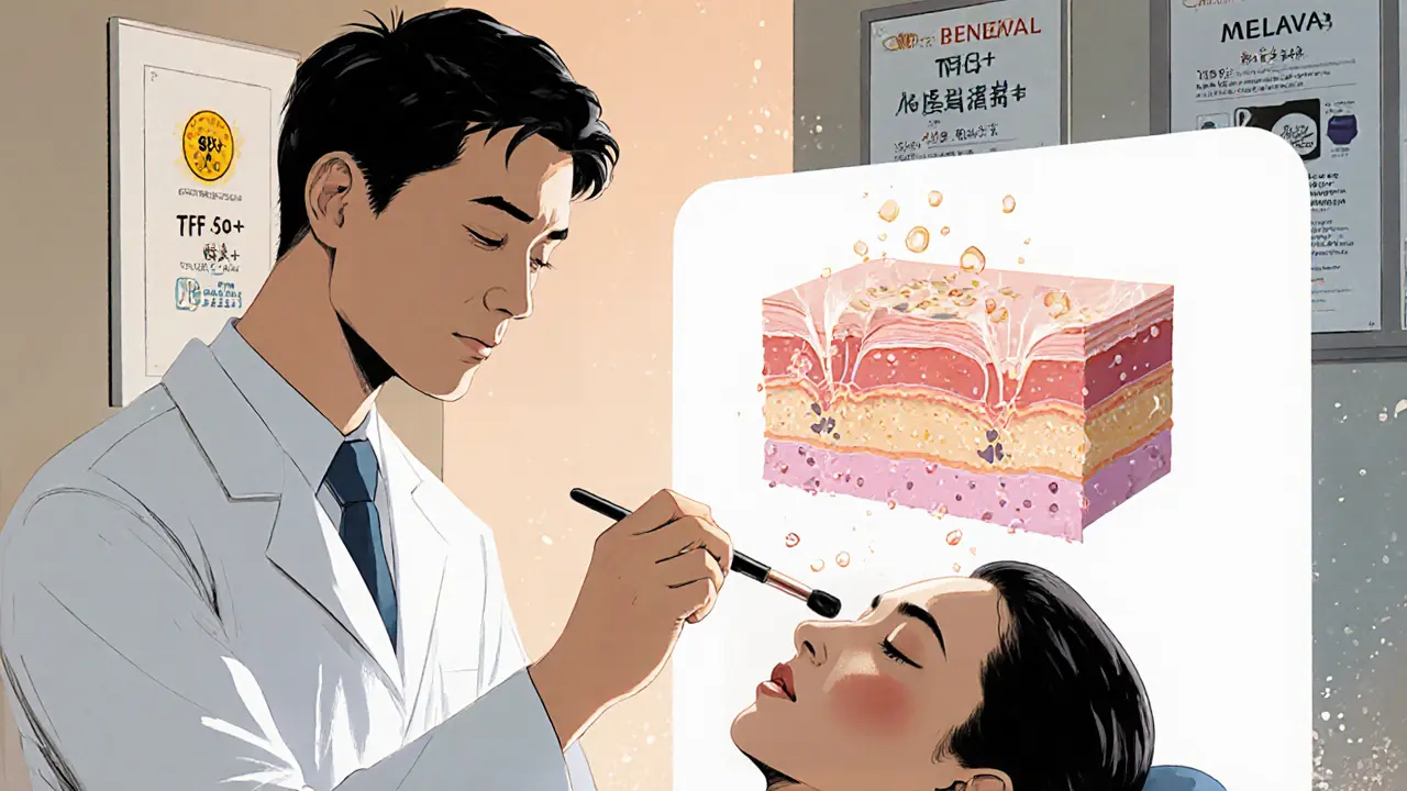 Дерматолог наносит химический пилинг пациенту, на фоне — анимация обновления кожи.