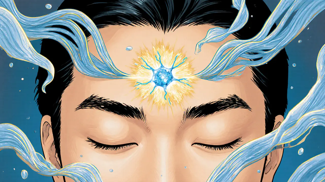 Схематичное изображение, как ботулотоксин блокирует нервные импульсы к мышцам лба.