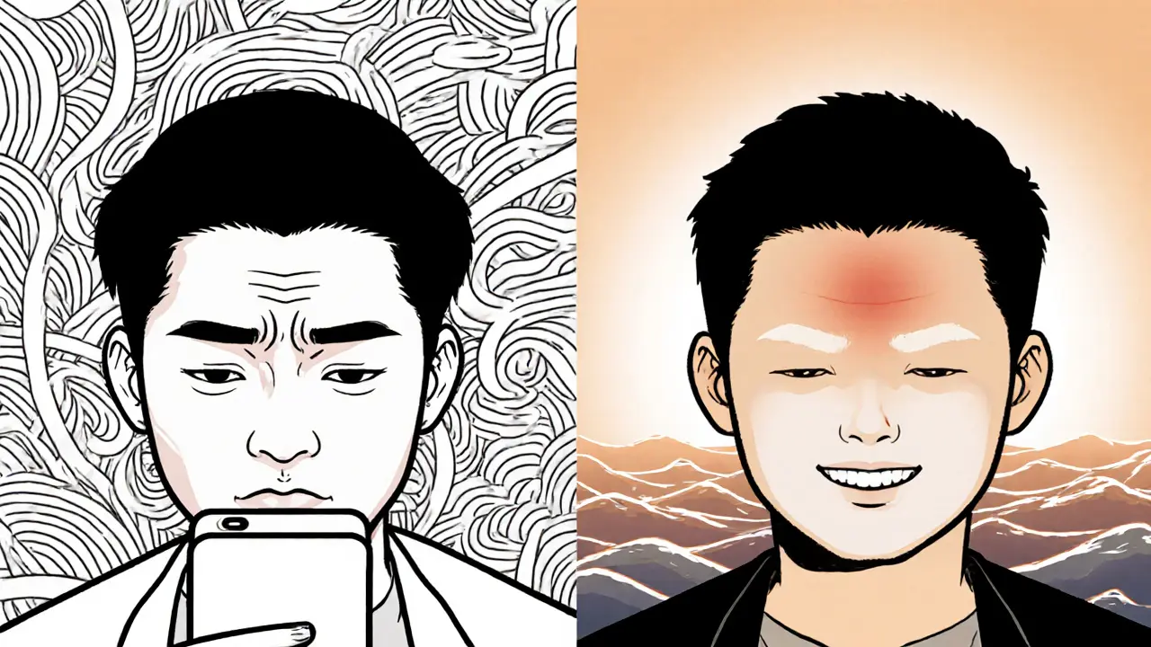 Сравнение: до — глубокие морщины от хмурения, после — гладкий лоб и спокойное выражение лица.