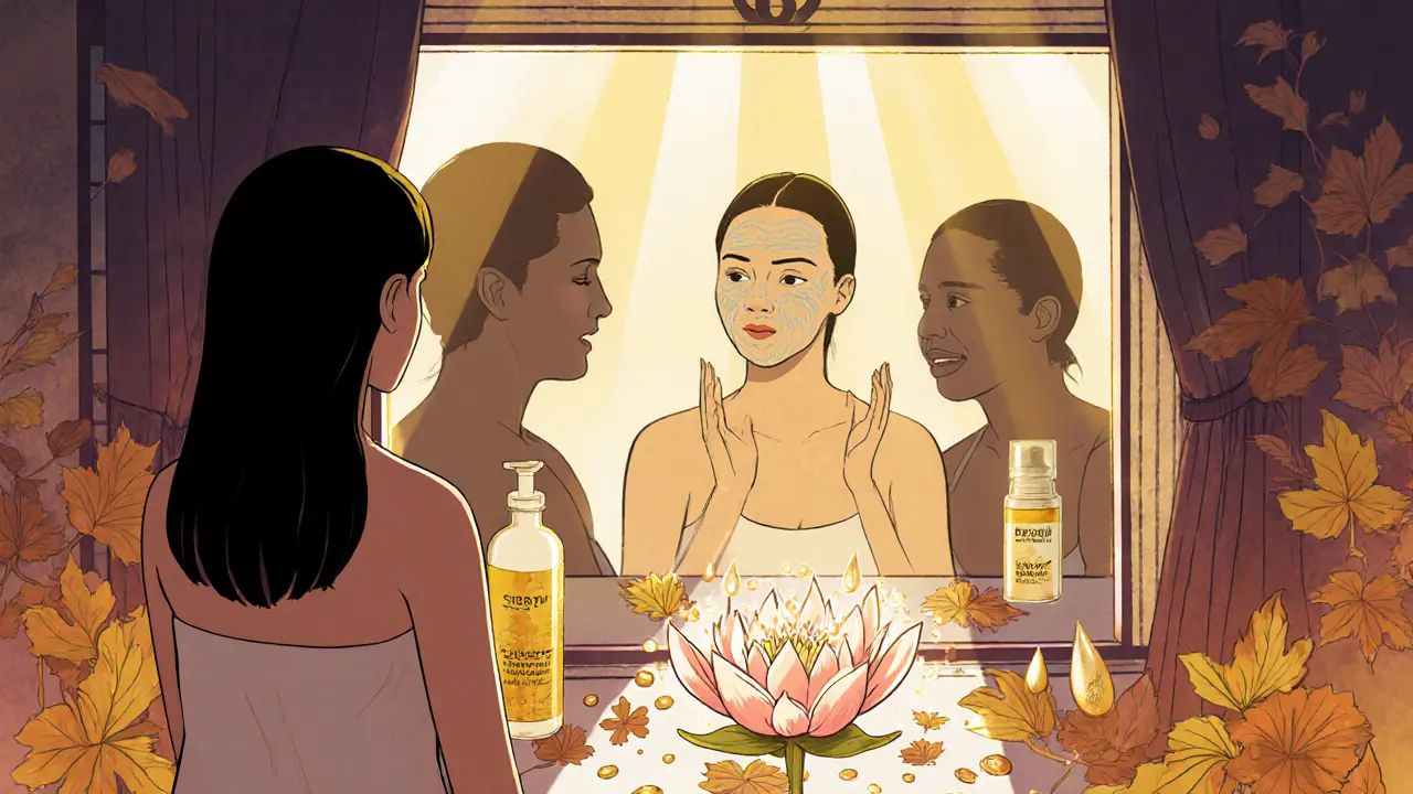 Женщина смотрит в зеркало на свою светлую кожу, за ней — тени прошлых ошибок и путь к обновлению.