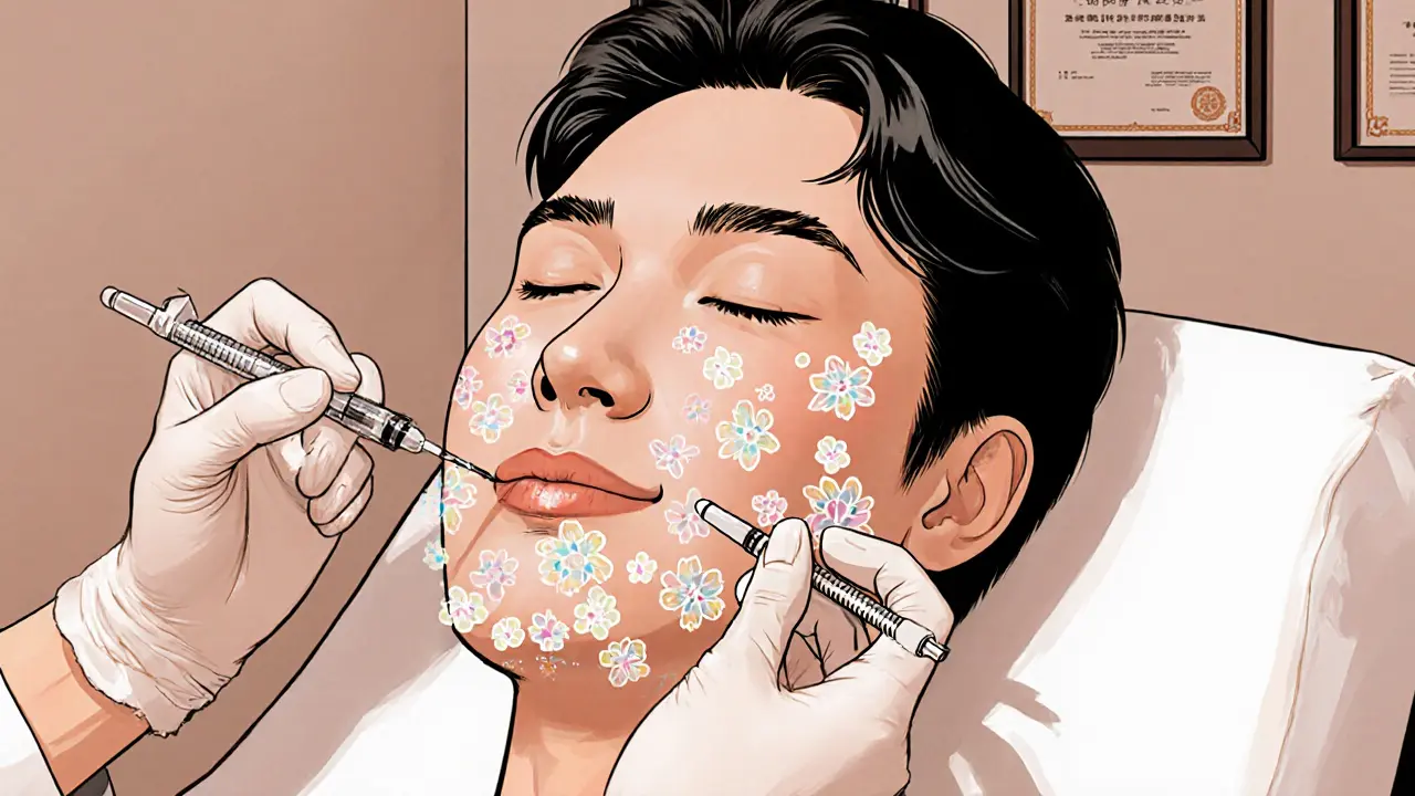 Косметолог вводит филлер в область скул и подбородка пациента в клинической обстановке.