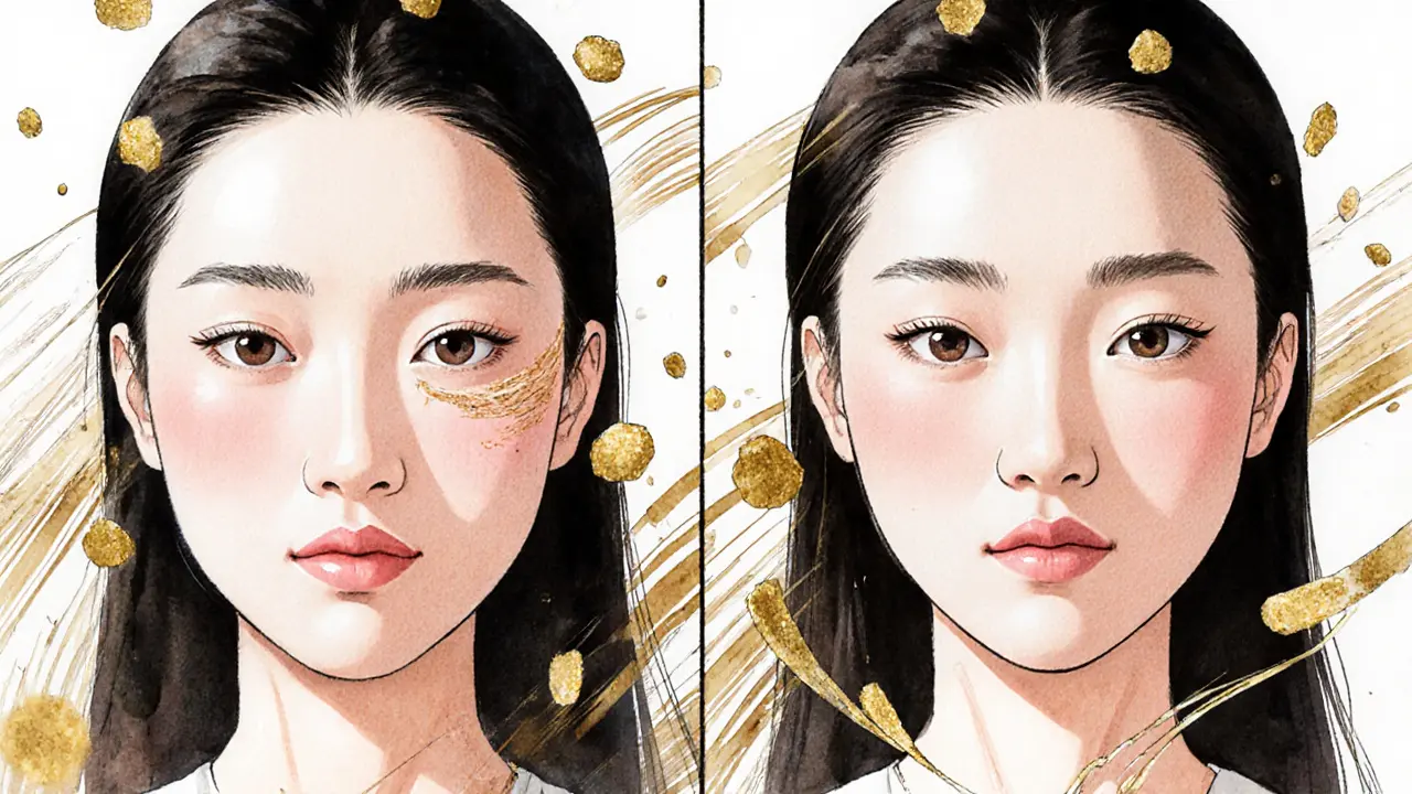 Сравнение до и после контурной пластики лица: усталый вид и восстановленная естественная форма.