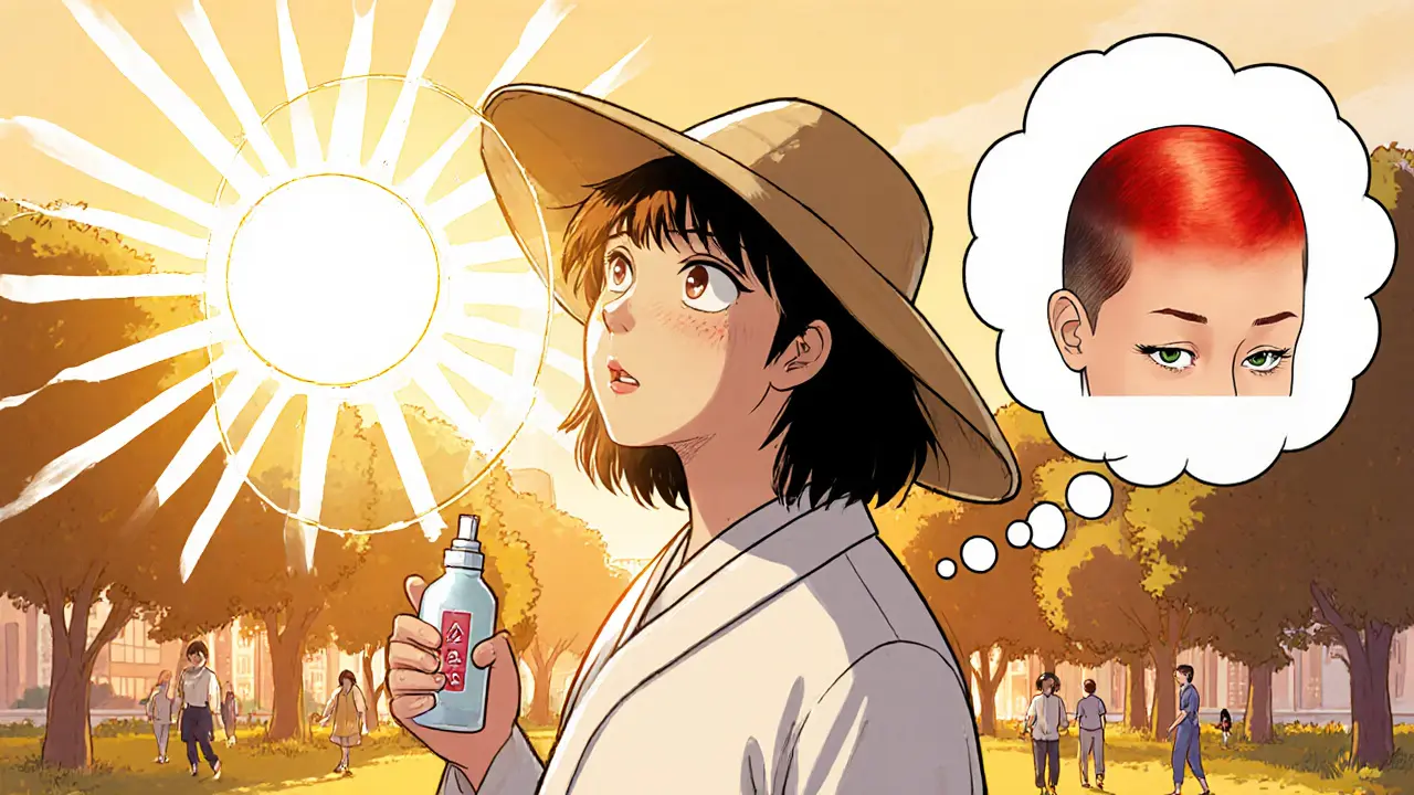 Человек в широкополой шляпе с защитным SPF-сиянием на голове, на фоне городского парка.