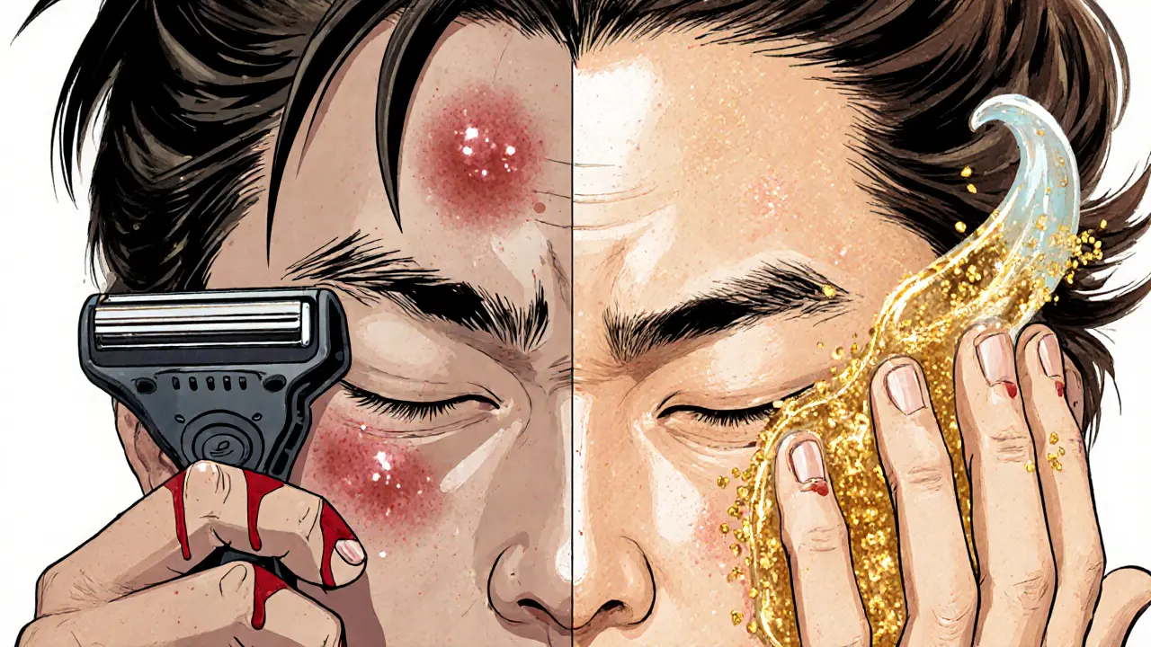 Контраст: грубая бритва и мягкий пилинг с кислотой, показывающие разницу в уходе за кожей.