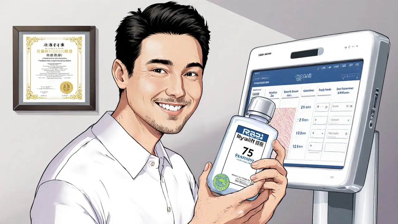 Мужчина с сертифицированным препаратом и сканером кожи в клинике, изображение в стиле маньхуа.