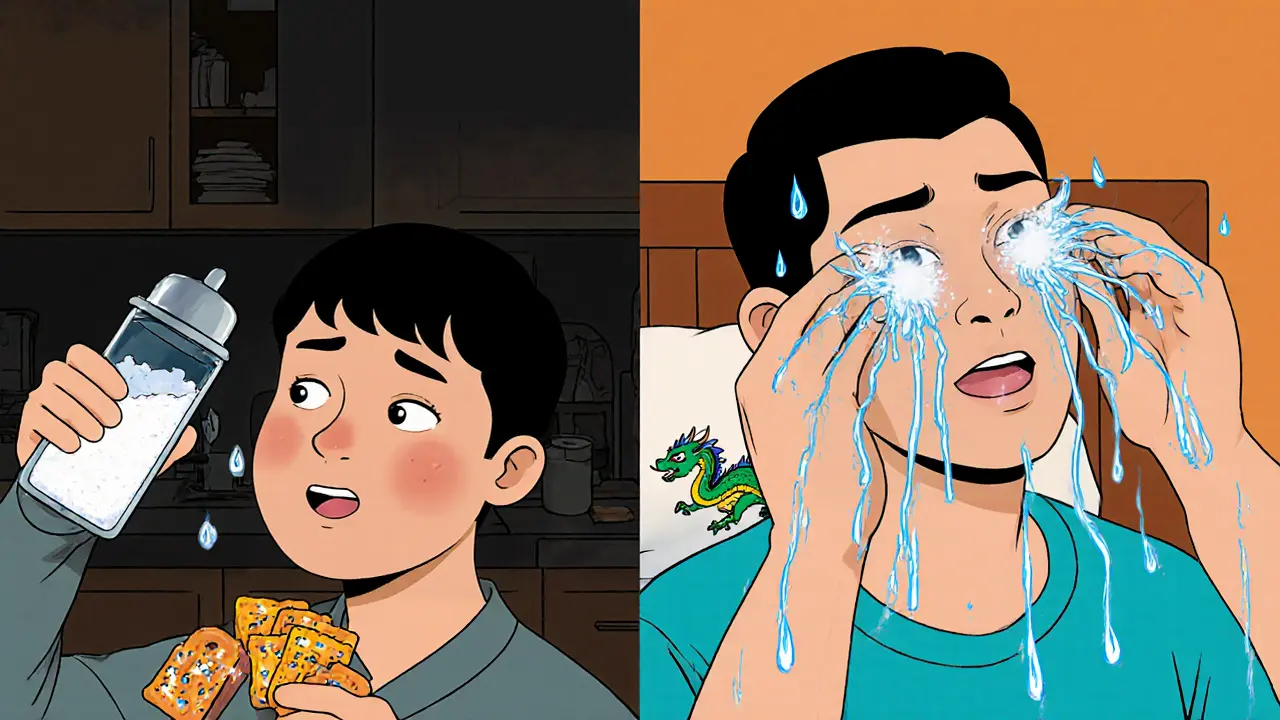 Сравнение причин отеков: соленая еда слева, уход за кожей и массаж справа.