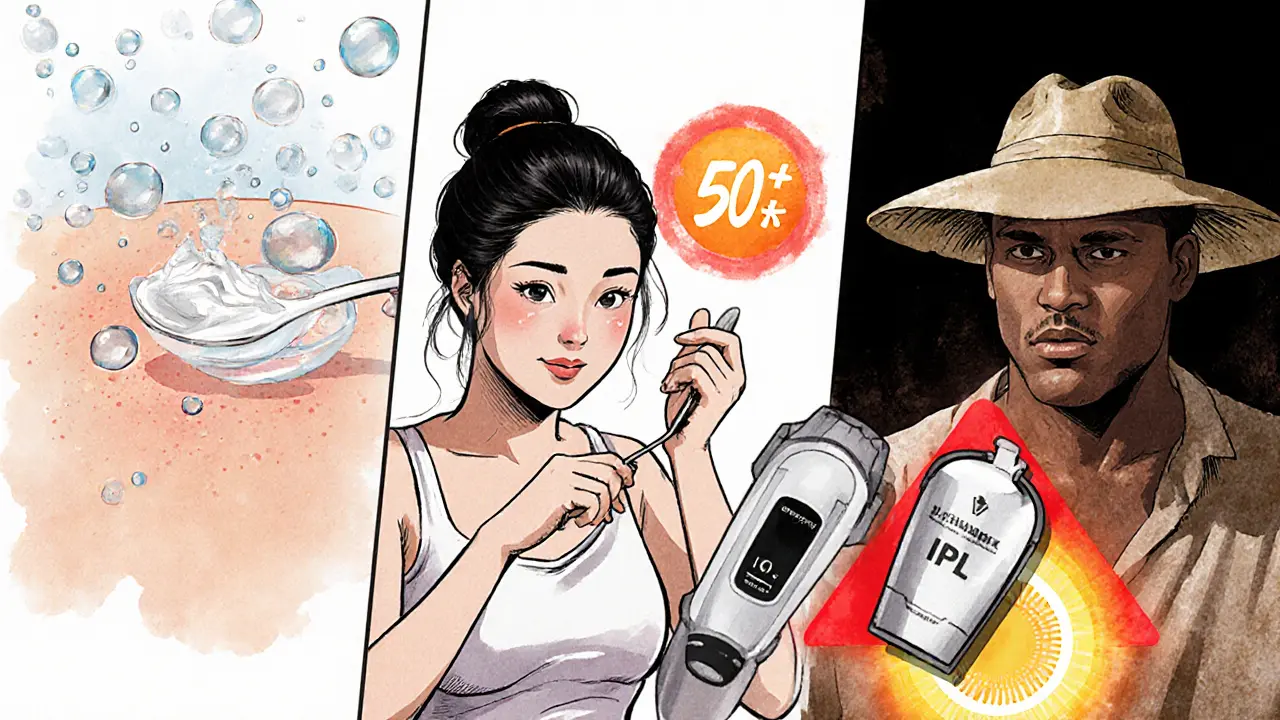 Сравнение трёх методов: пилинг, SPF и предупреждение для тёмной кожи.