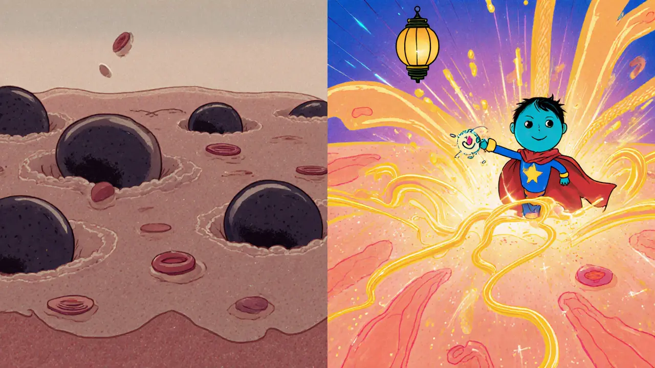 Сравнение тусклых и омоложённых клеток кожи: слева — тёмные, справа — сияющие, с молекулами CO₂ как героями.