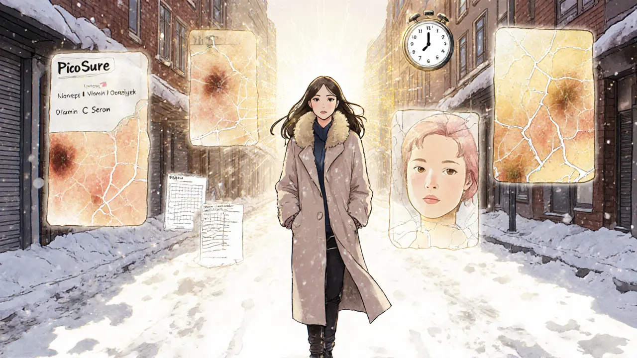 Женщина идёт по снегу, оставляя позади прошлые пигментные проблемы и ошибки.