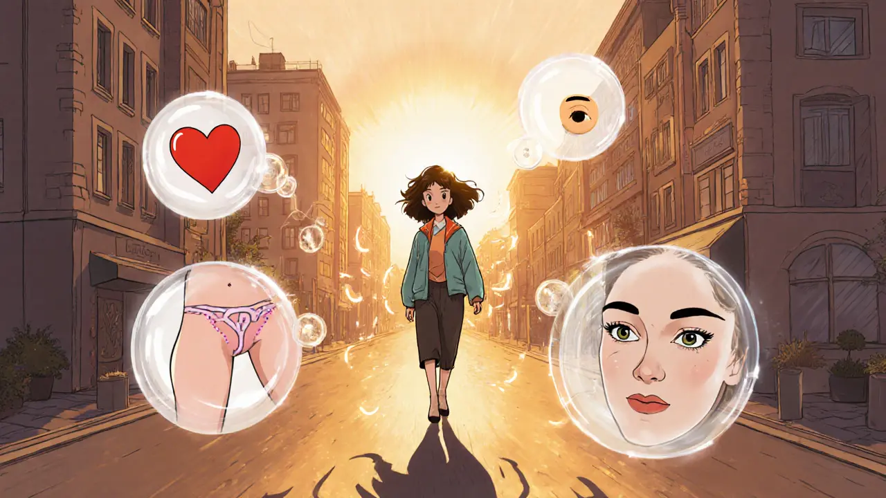 Женщина идёт по улице, её кожа сияет, а за спиной — след из молекул CO₂, символизирующий омоложение без операций.