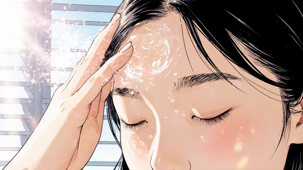 Женщина массирует SPF-средство на кожу головы, видны солнечные лучи и чёткие проборы.