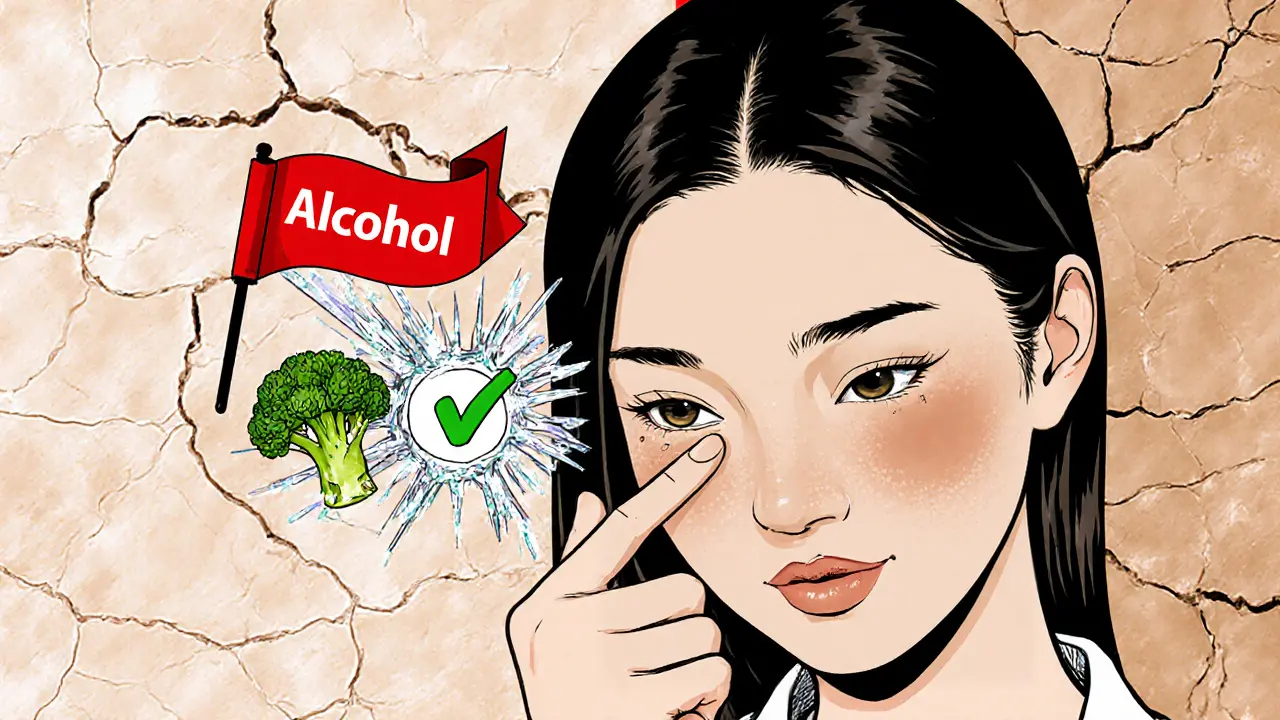 Женщина наносит консилер пальцем, рядом разбитые вредные ингредиенты и полезные масла.