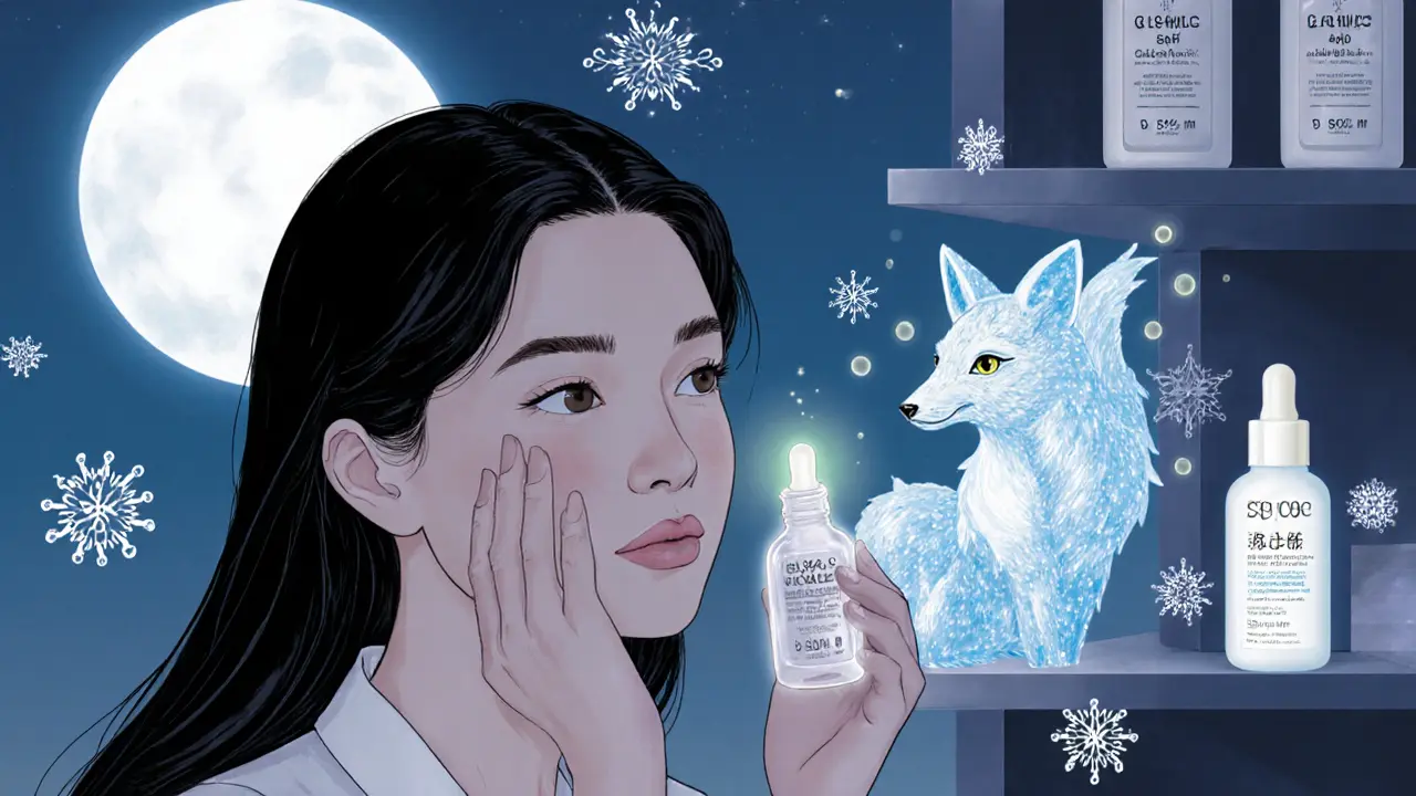 Женщина наносит сыворотку с гликолевой кислотой под лунным светом, рядом — волшебный лисий дух из молекул кислоты.