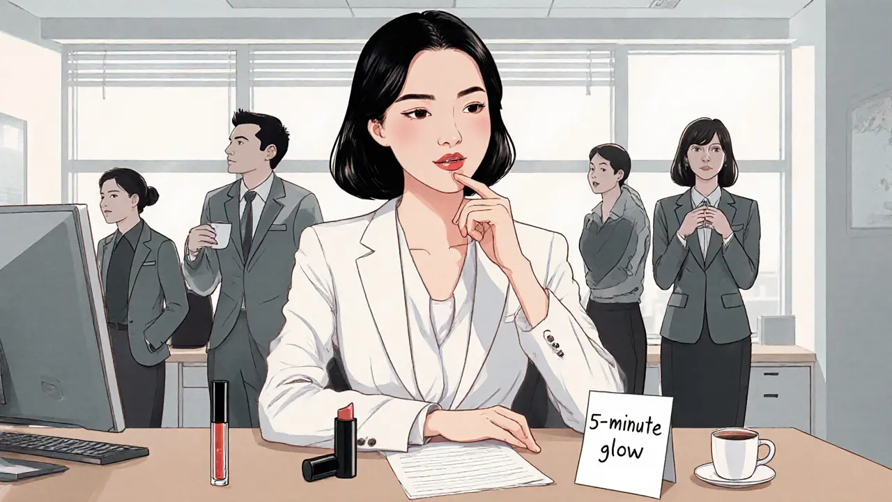 Женщина в офисе с глянцевыми губами, улыбается, на столе — блеск и бальзам.