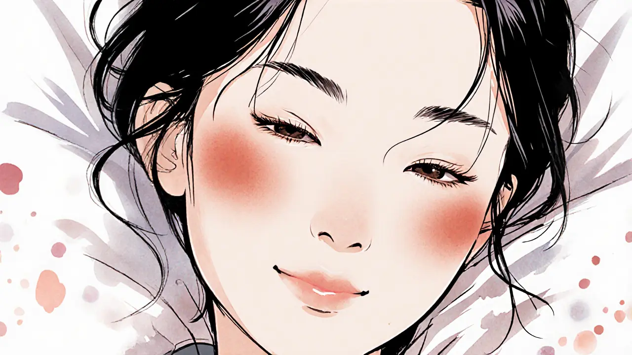 Близкий план лица с двумя оттенками румян, нанесёнными вверх по скулам, без других средств макияжа.