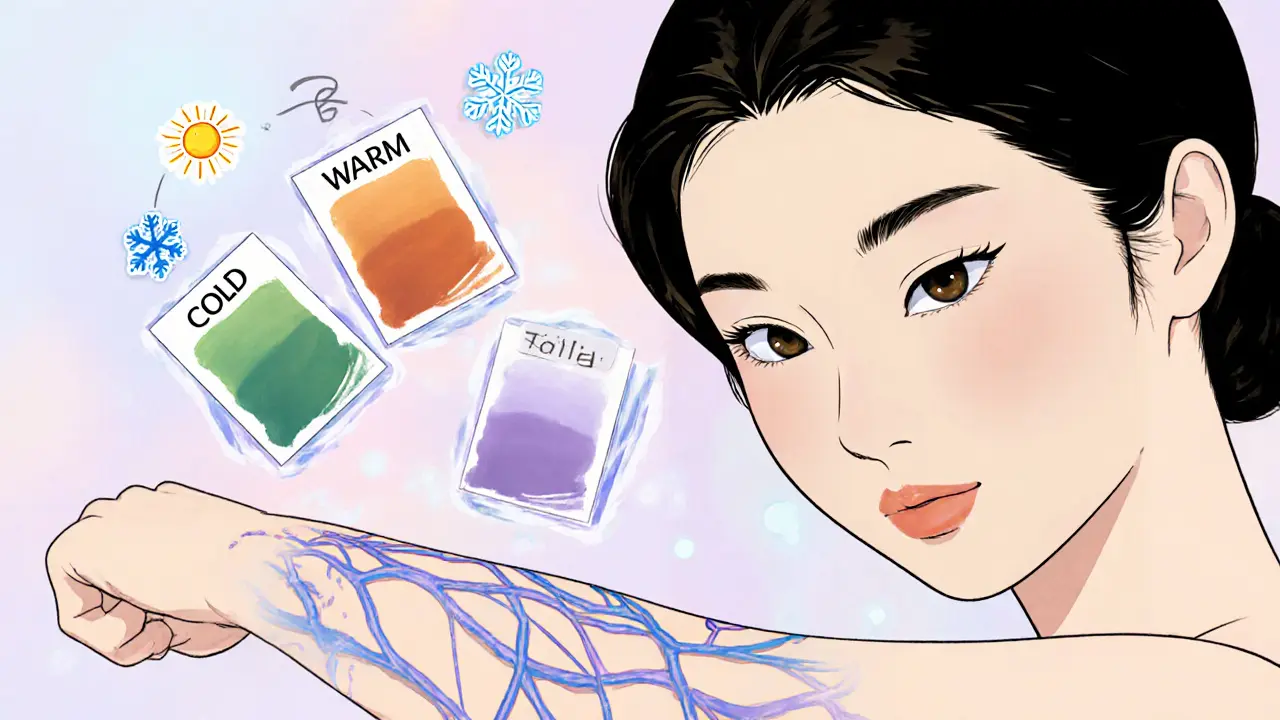 Близкий план запястья с видимыми венами и цветовыми подтонами: холодный, теплый, нейтральный.