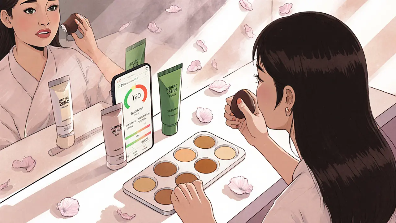 Два тональных крема и праймер на туалетном столике, смешиваются для сезонного использования.