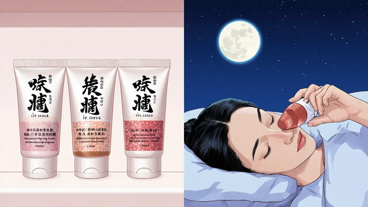 Полка с инновационными скрабами для губ 2025 года: один меняет цвет, другой — с силиконами, третий — с наночастицами, женщина спит с бальзамом на губах.