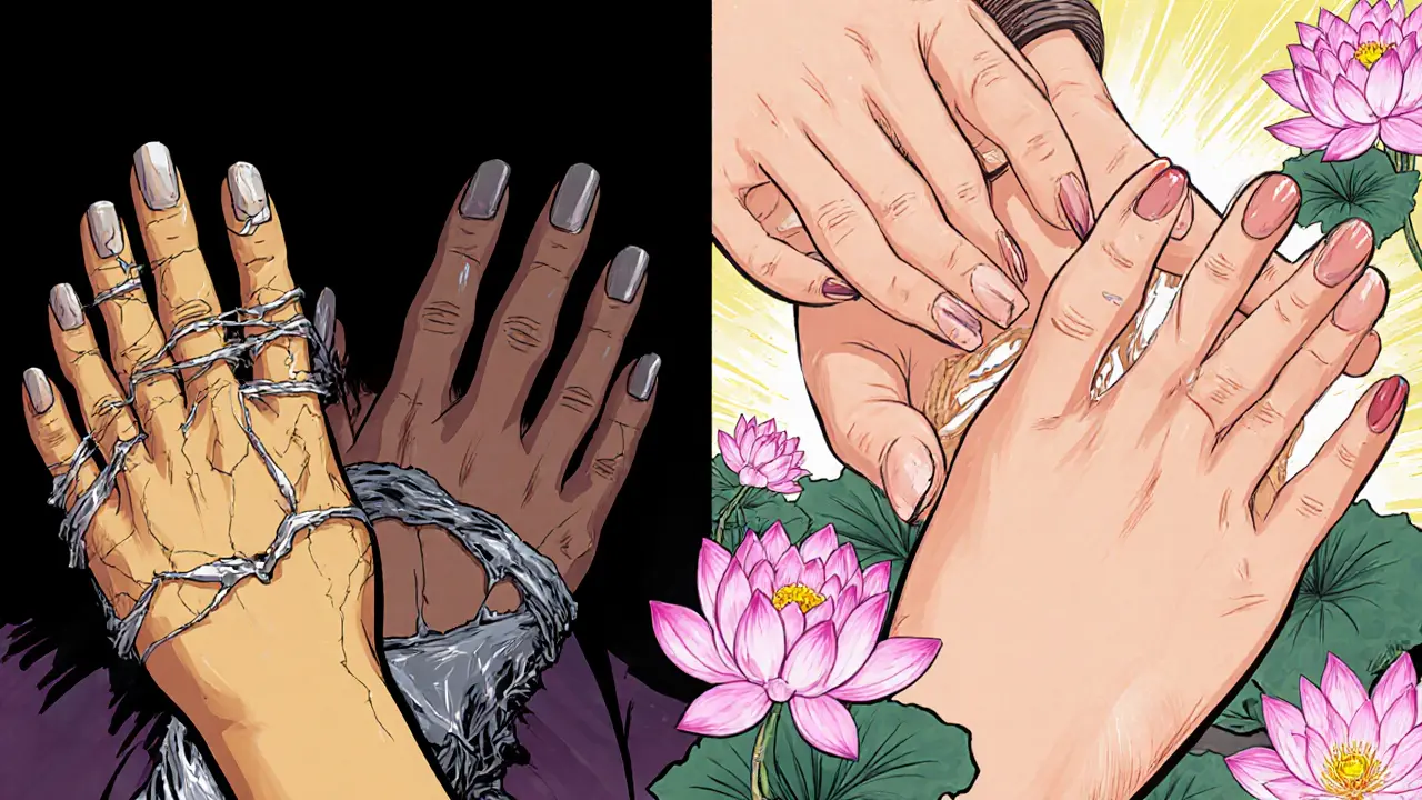 Сравнение: поврежденные ногти после неправильного снятия и здоровые — после правильного ухода с маслом.