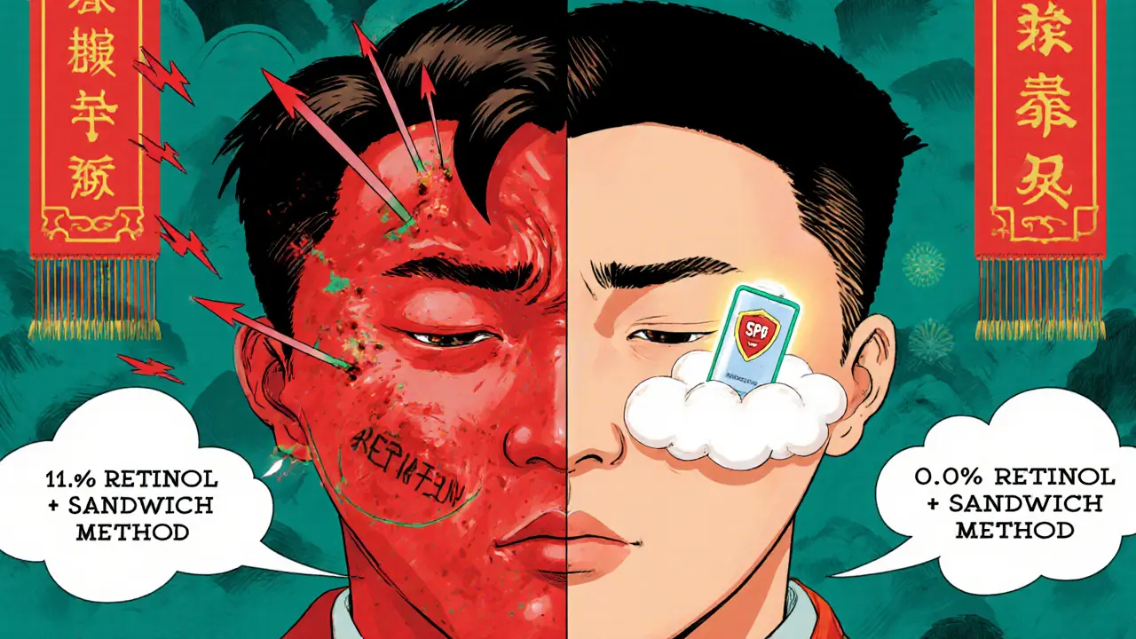 Сравнение: раздраженная кожа vs. спокойная кожа с методом &#039;сэндвич&#039; и SPF.