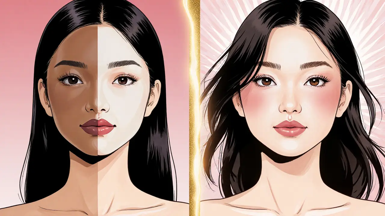 Сравнение: слева — тяжёлый контуринг, справа — лёгкий дрейпинг с румянами, лицо выглядит свежим и естественно.