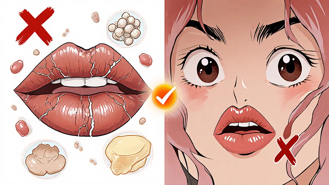 Сравнение: сухие треснувшие губы с неровной помадой слева и гладкие, блестящие губы с идеальным макияжем справа.