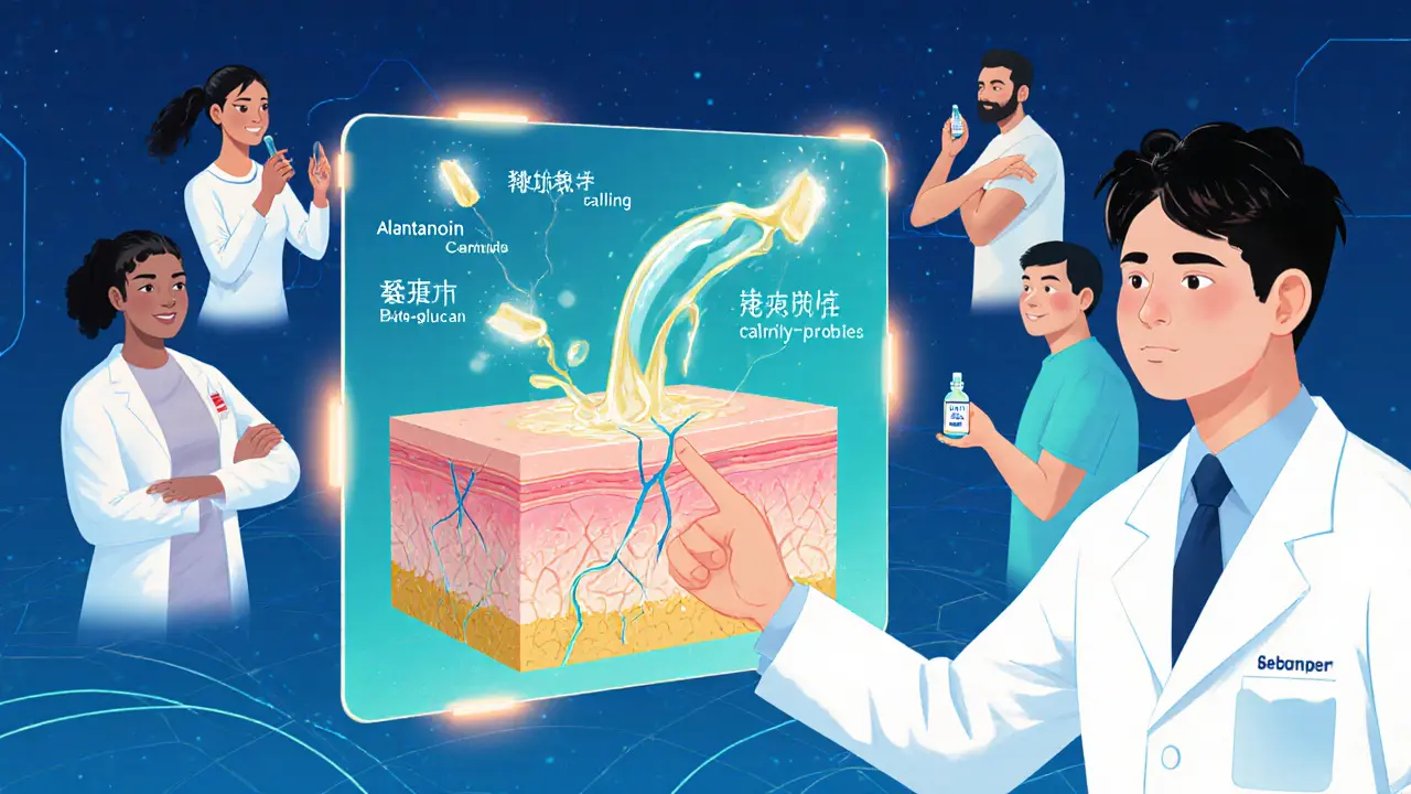 Дерматолог объясняет на экране, как успокаивающие компоненты восстанавливают барьер кожи, на заднем плане люди тестируют средства.