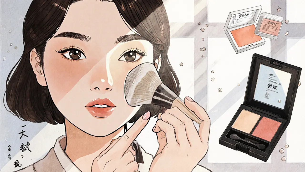 Дневной макияж: женщина наносит нейтральные тени и нюдовую помаду в мягком свете.