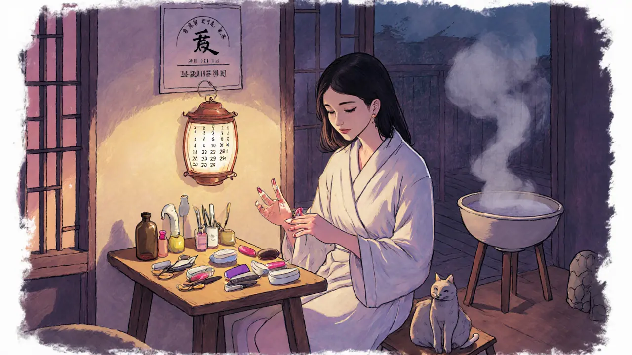 Домашний маникюр в уютной обстановке: женщина с инструментами и блестящими ногтями.