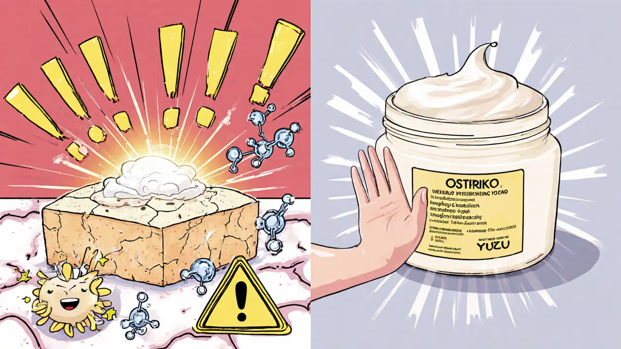 Сравнение: агрессивный скраб с ванилью слева и мягкий крем с юдзу справа, с символами предупреждения и спокойного света.