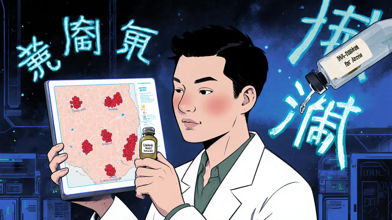 Ученый анализирует микробиом кожи с голографическим экраном и персонализированным маслом