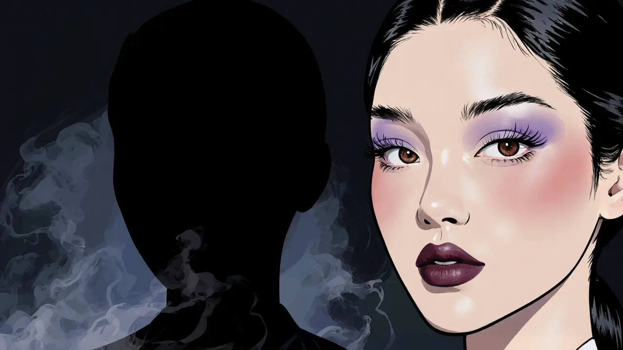 Вечерний макияж: женщина с бордовой помадой и мягкими фиолетовыми тенями, свет падает на губы.