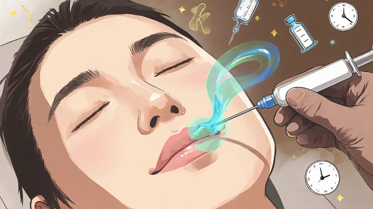 Врач вводит филлер в носогубную складку с помощью тонкой канюли, кожа постепенно поднимается, лицо спокойно.