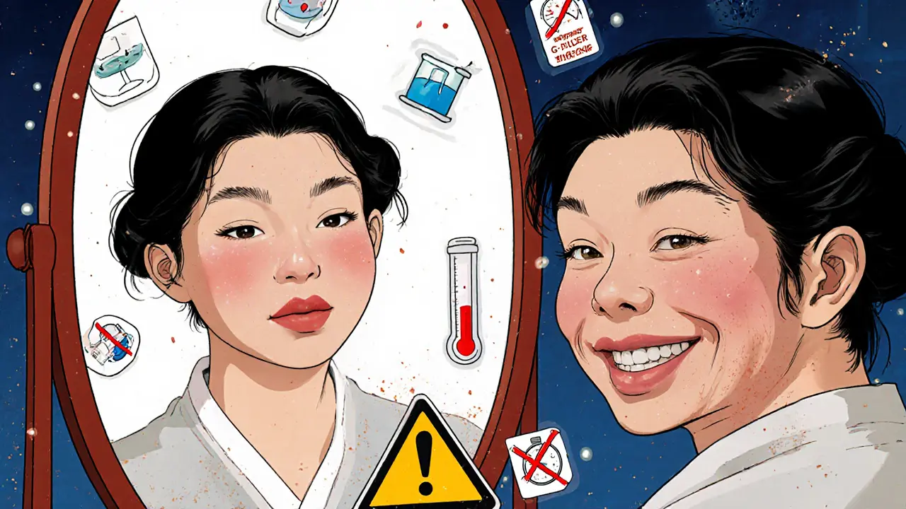 Пациент смотрит в зеркало: одна сторона лица с неестественным эффектом, другая — с естественной коррекцией.