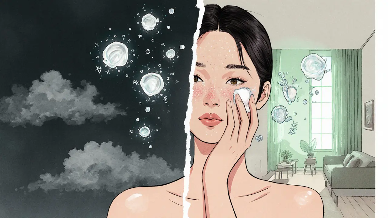 Рука наносит легкий увлажняющий гель на кожу с акне, вокруг — светящиеся активные ингредиенты.