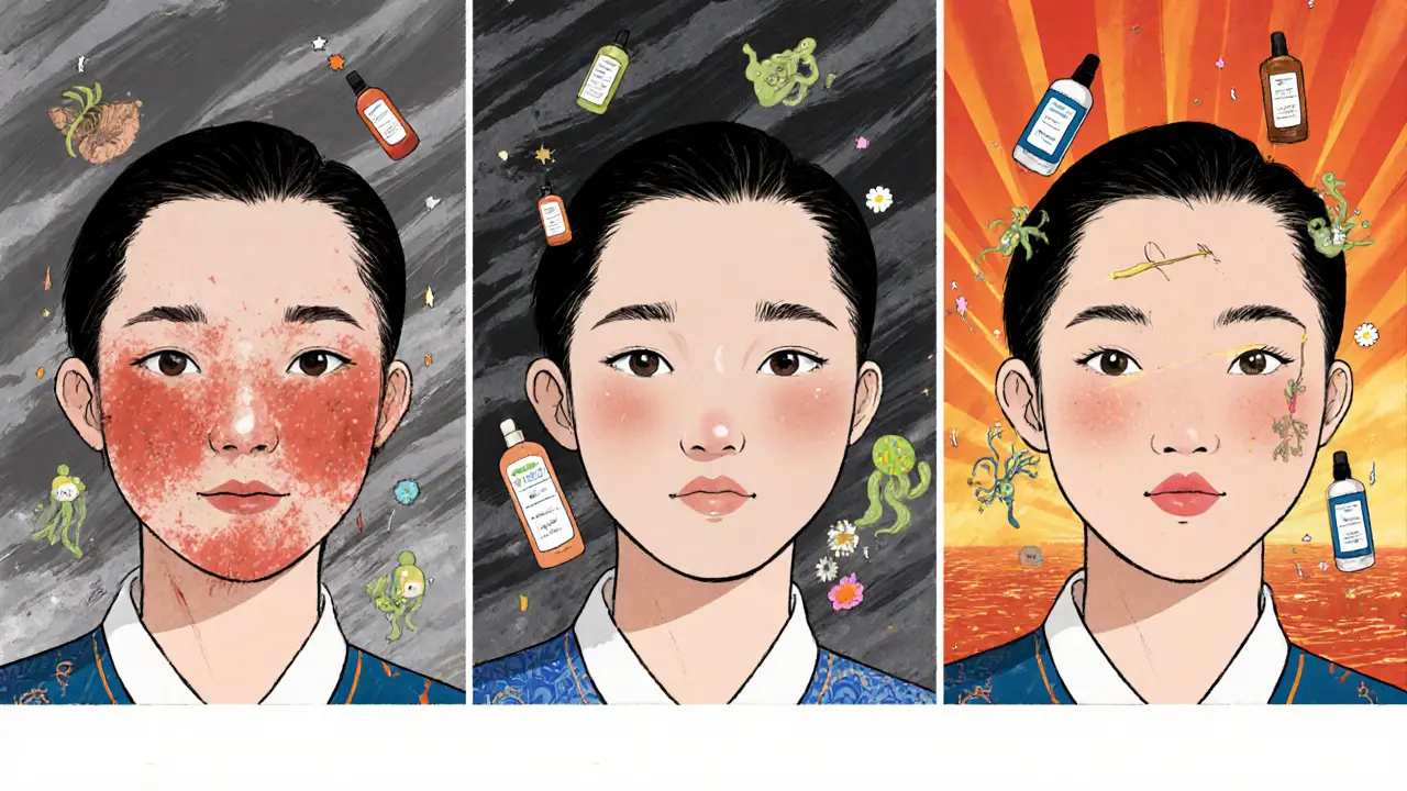 Три этапа улучшения кожи: от воспаления к гладкости, с волшебными пробиотиками и водорослями.