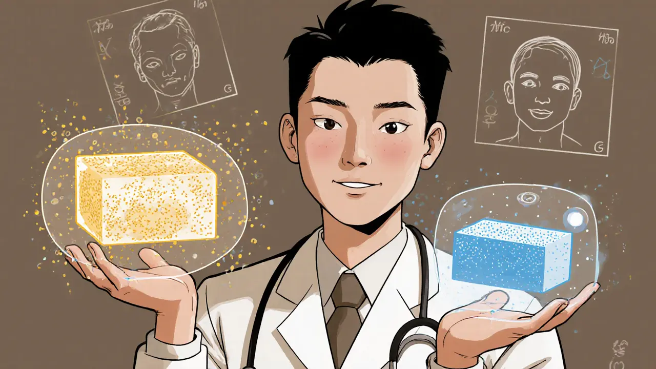 Врач держит два типа филлеров, рядом — схема с параметрами G-prime, эластичностью и когезивностью.