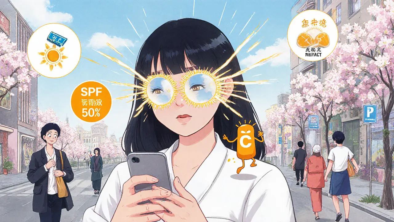 Люди на улице с защитными光环 вокруг глаз, солнечные лучи отражаются, антиоксиданты вокруг.