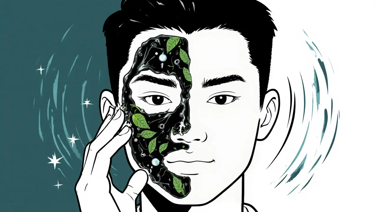 Мужчина с жирной кожей наносит угольную маску на Т-зону, вокруг — частицы зелёного чая и цинка.