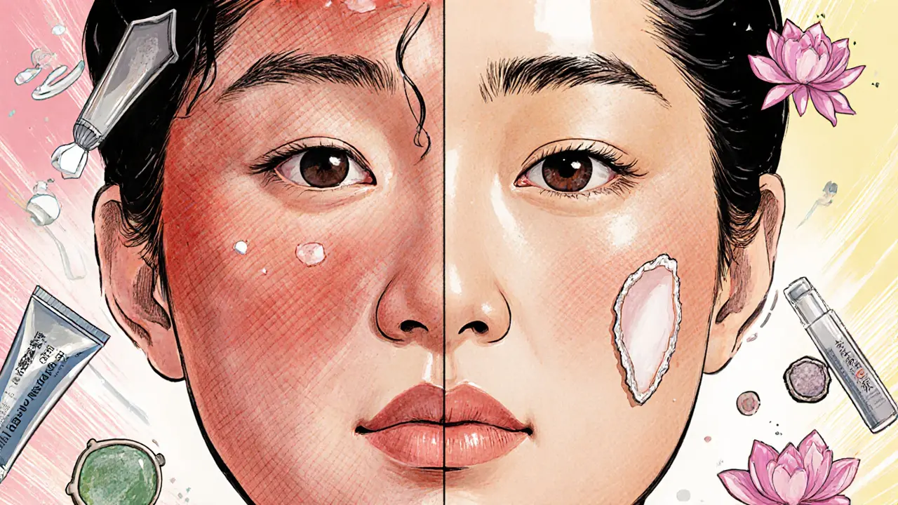 Сравнение поврежденной кожи слева и здоровой, ухоженной кожи справа с защитными символами.