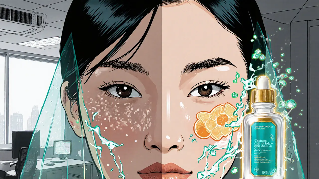 Сравнение сухой и увлажнённой кожи: слева — тусклая, справа — сияющая с гиалуроновой кислотой.