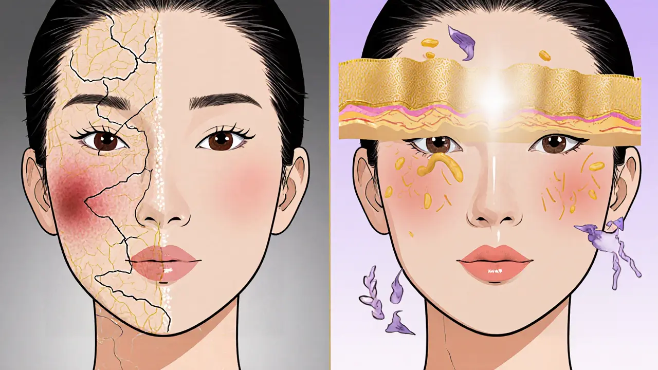 Сравнение сухой и восстановленной кожи после применения ниацинамида, в китайском стиле иллюстрации.