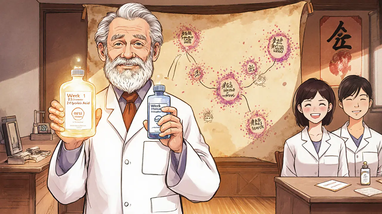 Врач показывает график подготовки кожи к кислотному пилингу, с изображением постепенного обновления клеток.