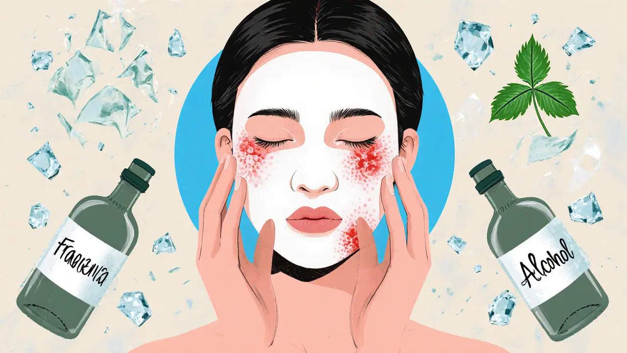 Женщина с чувствительной кожей в спокойной маске, вокруг — успокаивающие листья центеллы и разбитые бутылки с отдушками.