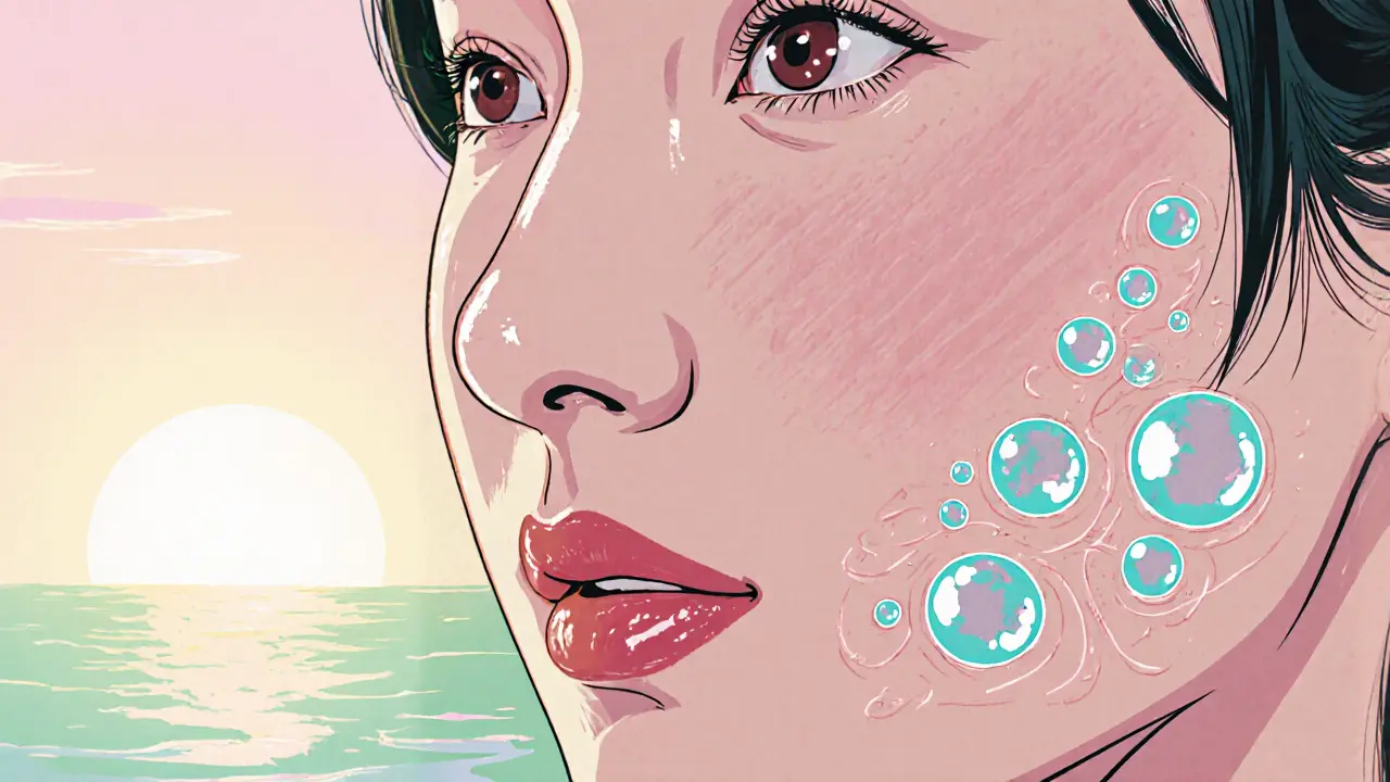 Женщина с увлажненными губами, водяные молекулы наполняют клетки кожи.
