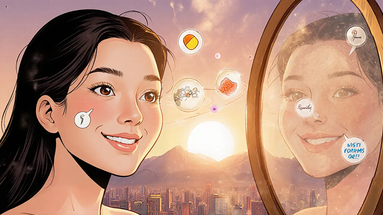 Лицо после курса мезотерапии светится, вокруг него парят символы увлажняющих ингредиентов.