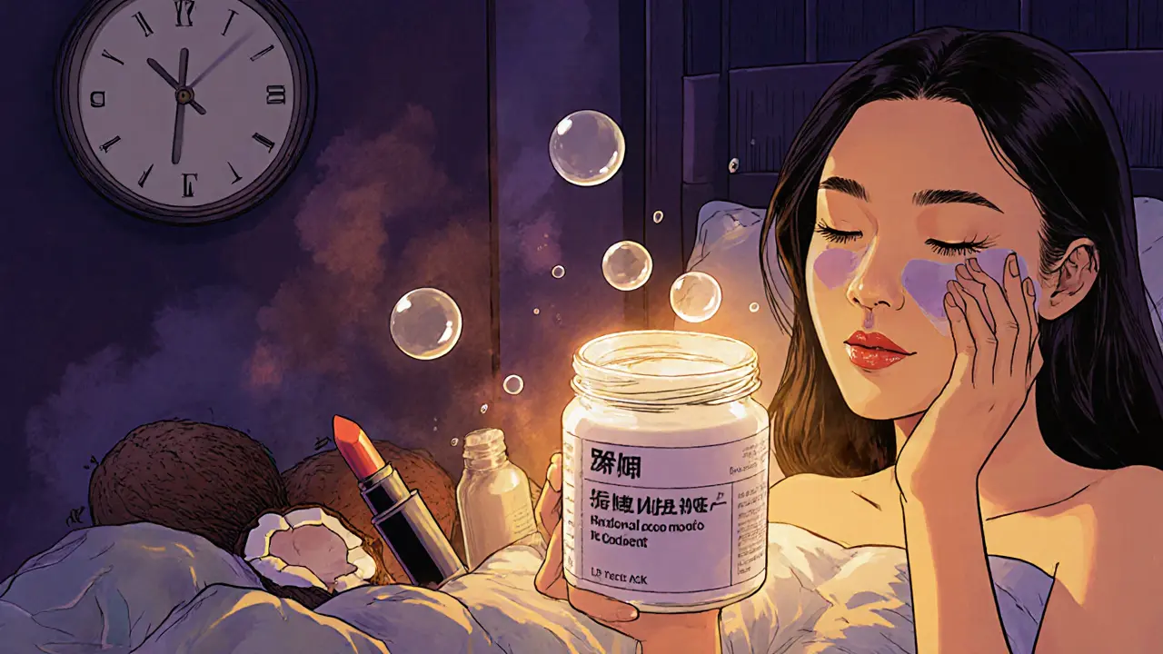 Ночью женщина наносит маску для губ, вокруг нее светящиеся увлажняющие компоненты.