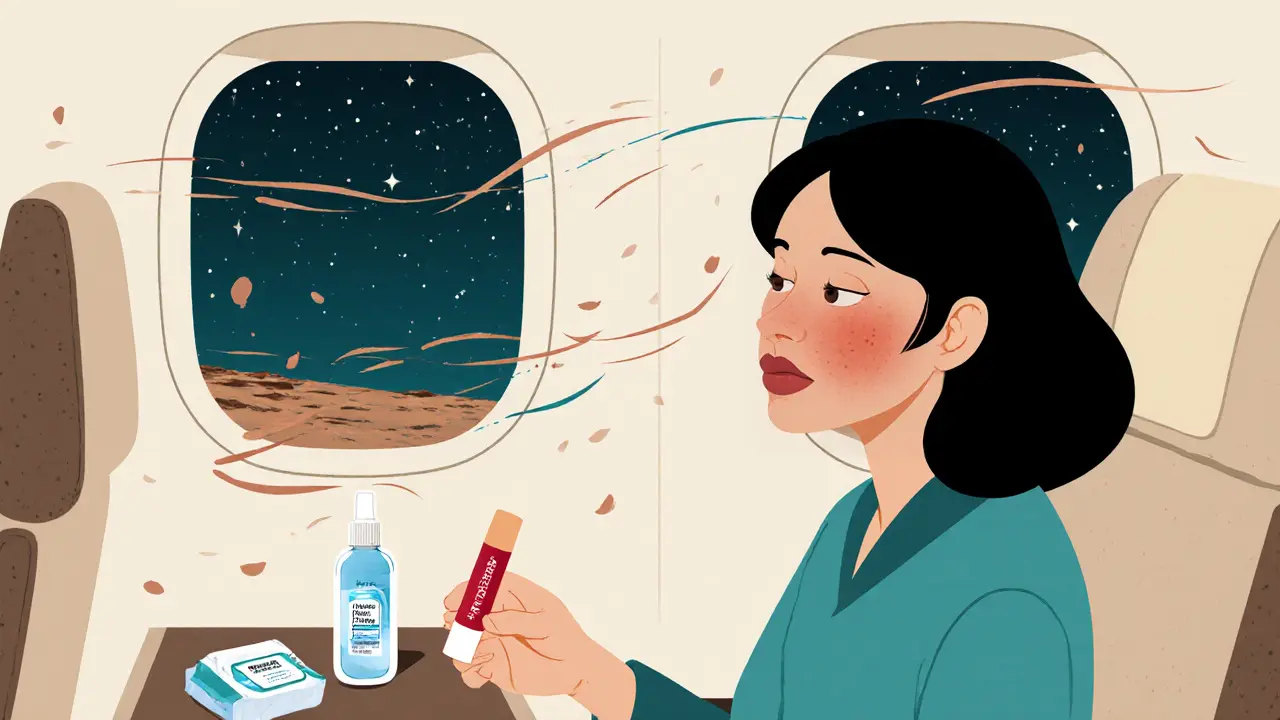 Пассажирка в самолете с бальзамом и спреем, губы шелушатся от сухого воздуха.