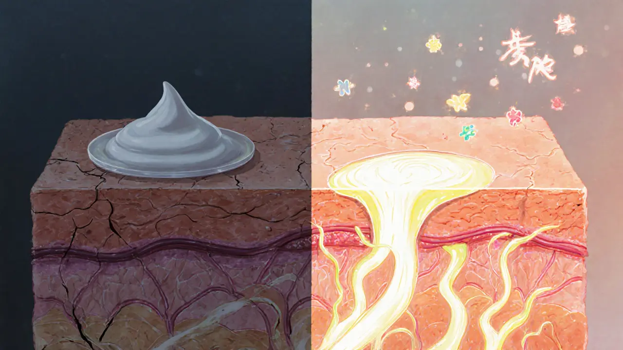 Сравнение сухой кожи сверху и оживлённой дермы с потоками активных компонентов внутри.