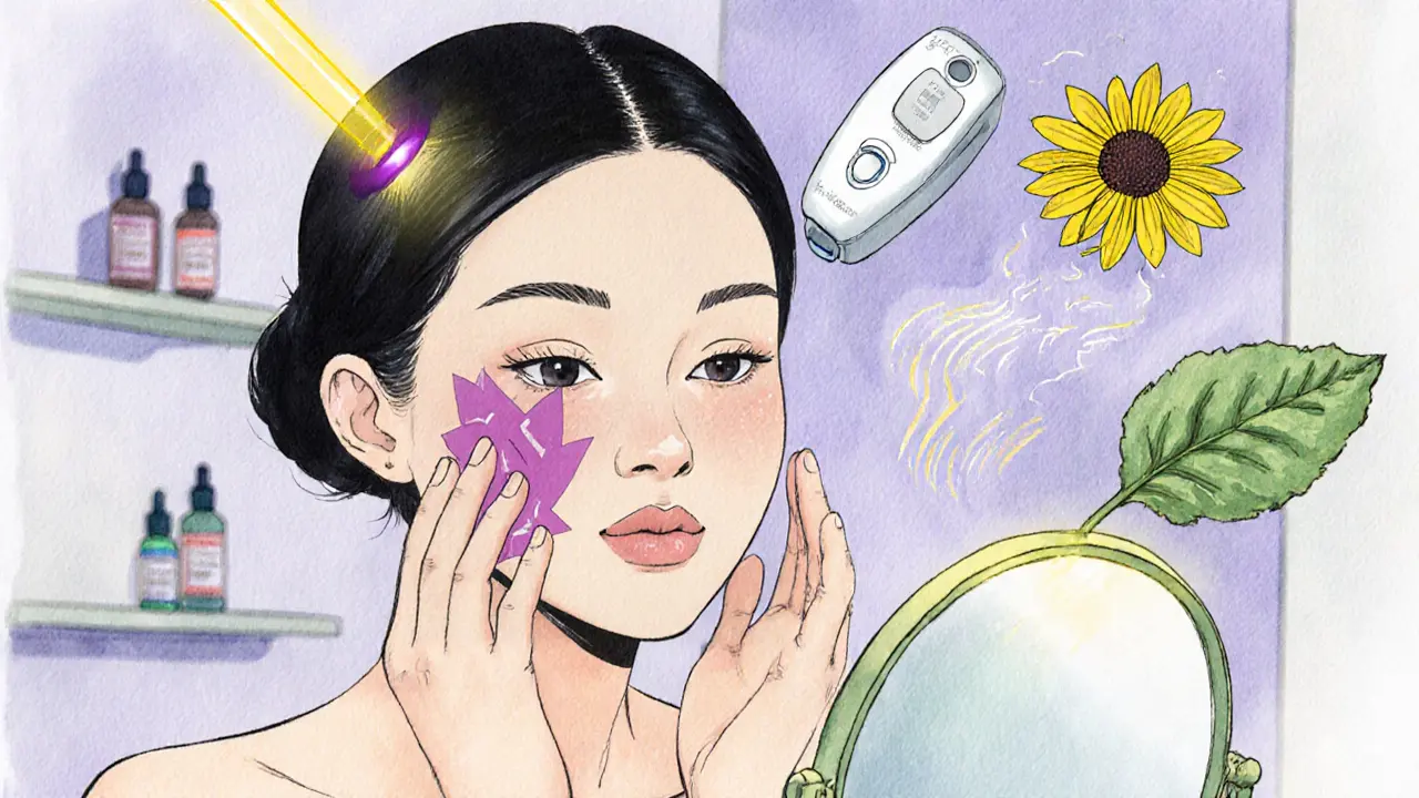 Женщина корректирует синяк зеленым тональным кремом, вокруг нее — символы лечения: лазер, арника, микротоки.